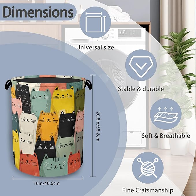 Cute Cat Laundry Basket,Foldable with Handles Tote Bag Oxford Cloth for Bathroom Bedroom Dirty Clothes Storage Bucket 16" x 20.8"