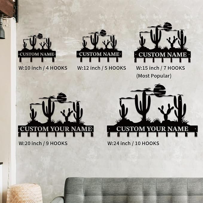 Personalized Custom Name Cactus Wall Keys Hooks,Metal Cactus Art Clothes Hooks,Metal Cactus Lover Wall Home Storage Decorative,For Front Door, Hallway, Kitchen, Bedroom,Keys,Hats (Style C)