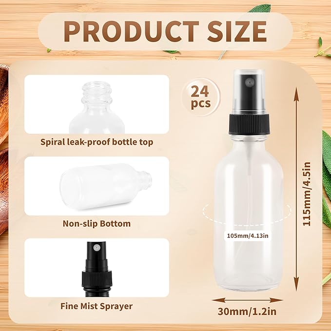 BILLIONSTARS 48 Pack 2oz Glass Boston Round Bottle with Fine Mist Sprayer - Clear - Essential Oils, Bath, Beauty, Hair & Cleaning - Leakproof Travel Bottles
