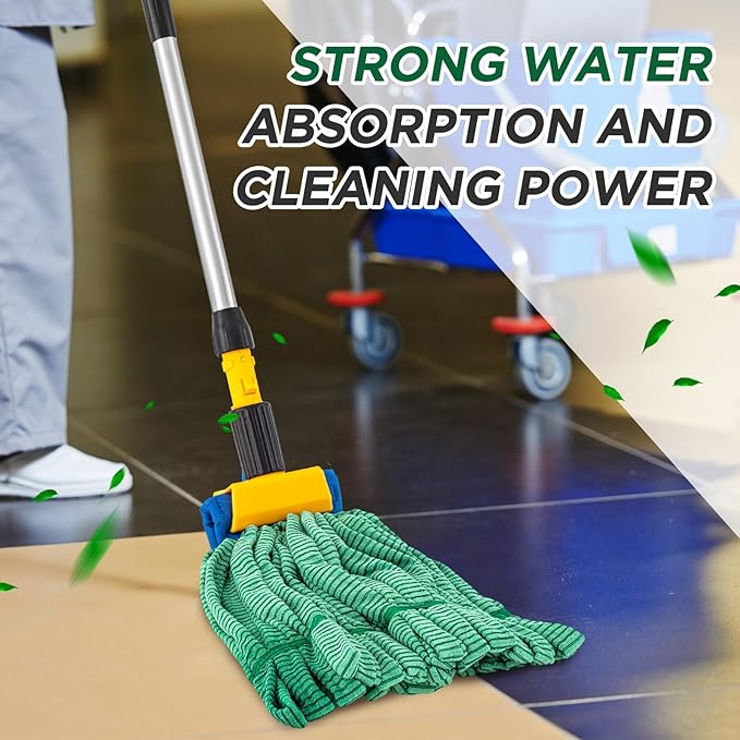 Hushee 12 Pack Large Microfiber Tube Mop Heads 18 oz Heavy Duty Commercial Industrial Wet Mop Head Refill Reusable Machine Washable Looped End Mopheads for Hardwood, Tile, Laminate Floors, Green