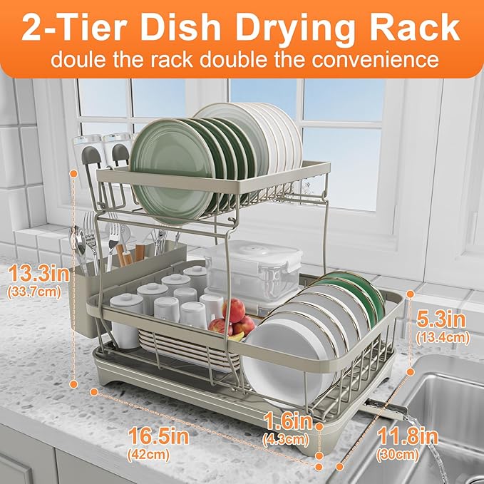 HOMEBOSILY Dish Drying Rack for Kitchen Counter,Two-Tier Dish Rack with Utensil Holder, Auto-Draining Dish Racks, Large Capacity Dish Drainer Organizer for Plates, Bowls, Cups with Drainboard Grey