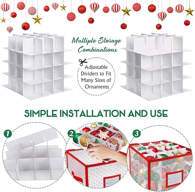 BINSUNS Christmas Ornament Storage Box, Christmas Storage Containers Organizer Bag with Dividers - Fits up to 64 Holiday Xmas Ornaments Decorations 3" Seasons Balls(Red)