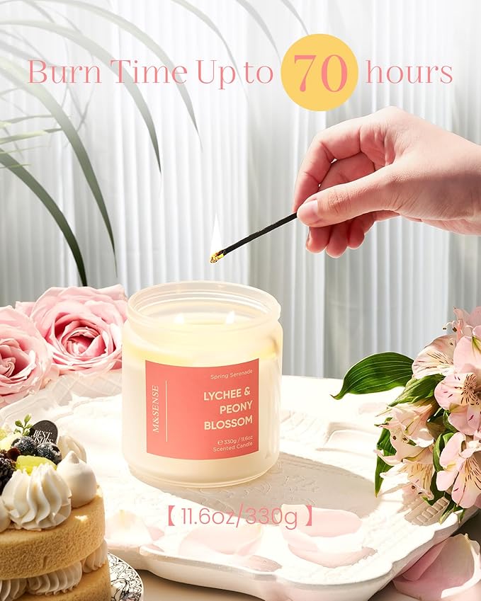 M&SENSE Lychee Peony Peach Scented Candle - 11.6oz 70 Hours Burn Non Toxic Natural Soy Wax Slow Burning Candle, 2-Wick Fruity Scent Gifts for Mom & Stress Relief Relaxing