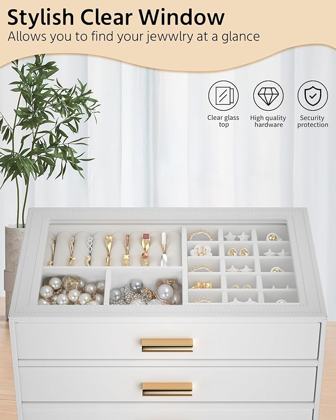AKOZLIN Jewelry Box with Clear Lid Functional Leather Jewelry Storage Organizer Case 4 Drawers for Women Girls Necklace Ring Bracelet Earring