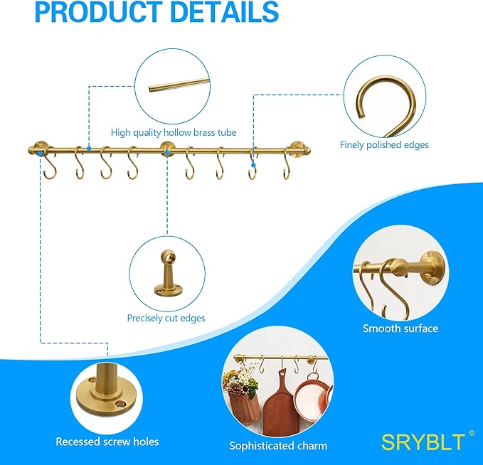 SRYBLT 31.0 Inch Brass Pot Rack with Hooks,Wall Kitchen Mounted Organizer,Segmented RailHanging Rack for Kitchen Wall Rail with Hooks