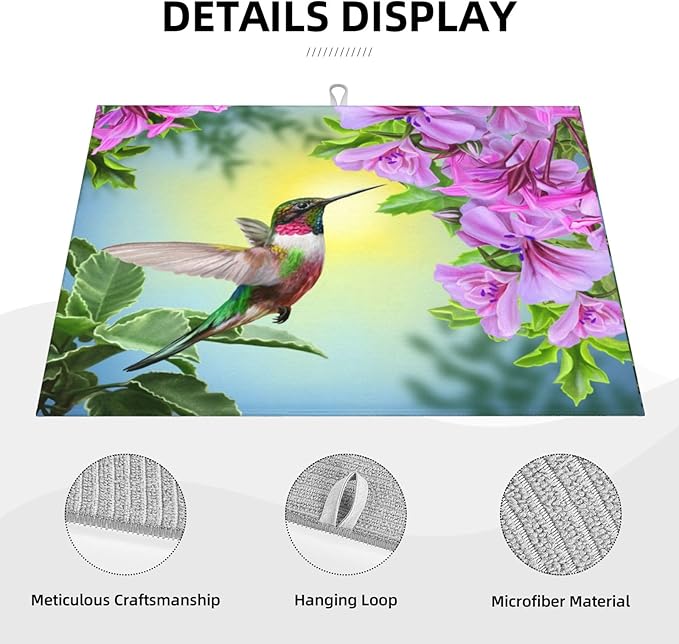 Floral Hummingbird Dish Drying Mats for Kitchen Counter Large Drying Mat for Dishes Microfiber Dish Rack Mat Kitchen Decor Spring Flower Drainer Pad Ultra Absorbent Dry Mat 18×24 Inch