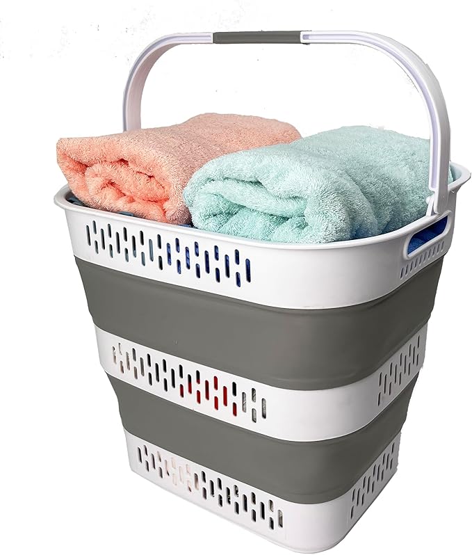 SAMMART 38L(10 Gal) Collapsible Laundry Basket - Foldable Pop-Up Storage Container/Organizer-Portable Space Saving Hamper, Measure 17.5x13.3x15.7/3.8" Expanded/Collapsed (1, White/Grey)