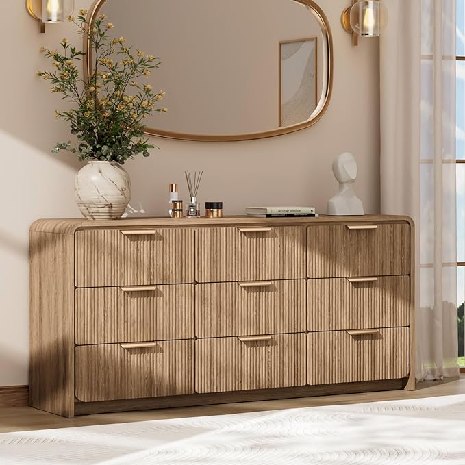 Fluted 9 Drawer Dresser for Bedroom, 57" Wide Chest of Drawers, Curved Profile Design, Wooden Dresser TV Stand for Living Room, Hallway, Walnut