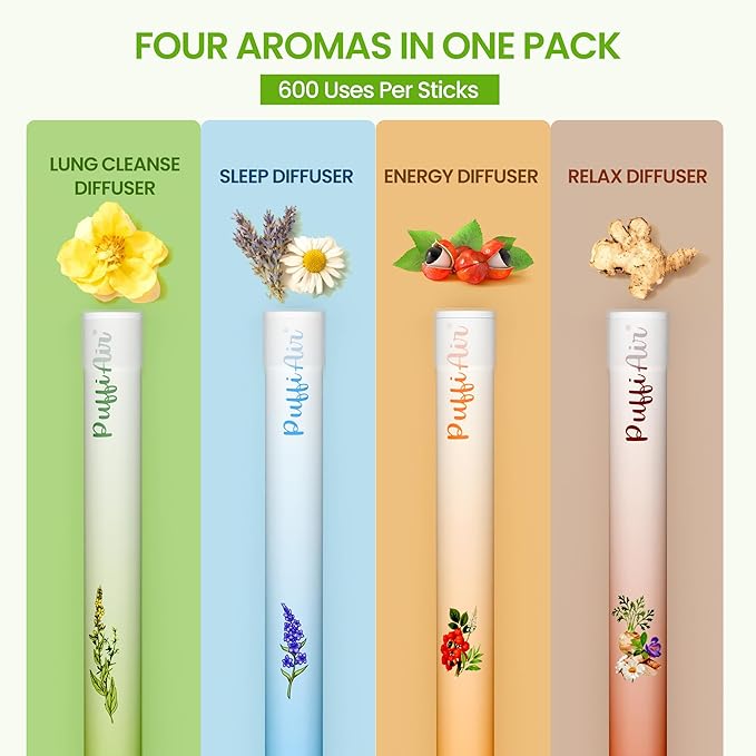 PUFFIAIR 4-Pack Herbal Diffuser Pen | Clean Botanical Aromatherapy Pens with 4 Variety Scents | Cool Mint & Herbal Fragrances | Smooth Daily Aromatherapy Experience | 600 Uses Per Pen