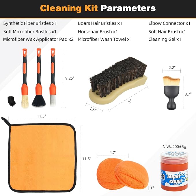 TOWBRUS 10PCS Car Interior Detailing Brush Kit, Horse Hair and Boar Bristle Brush Set with Elbow Adapter, Microfiber Wax Applicator Pads, Drying Towel and Cleaning Gel