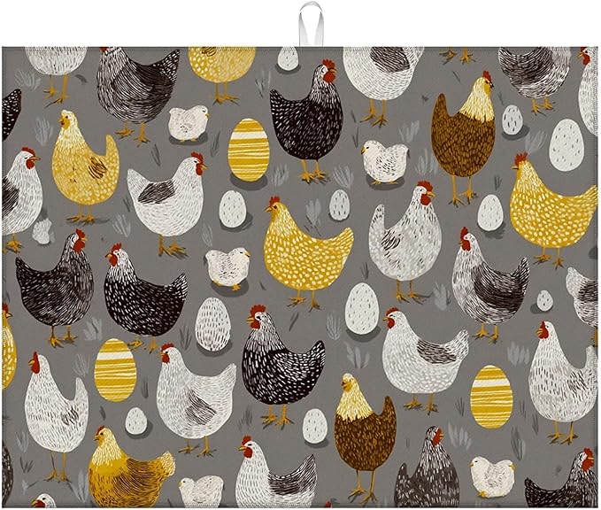 Dish Drying Mat For Kitchen Counter, Hens Roosters Chicken Microfiber Absorbent Dish Drainer Rack Pad Reusable Large 18x24in Drying Mat