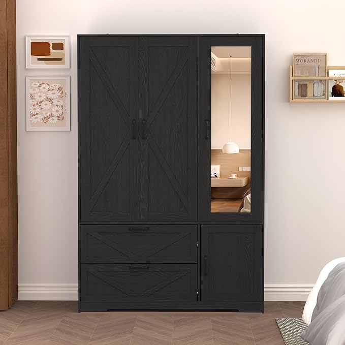 Armoire Wardrobe Closet with Mirror and 2 Drawers, 72''H Bedroom Armoire Wardrobe Cabinet with Hanging Rod and Light,Wooden Bedroom Closet with Adjustable Shelf