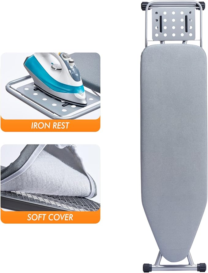 BKTD Ironing Board, Heat Resistant Cover Iron Board with Steam Rest, Non-Slip Foldable Ironing Stand. Heavy Sturdy Metal Frame Legs Iron Stand(13 * 34 * 53 Inches) (Silver Gray)