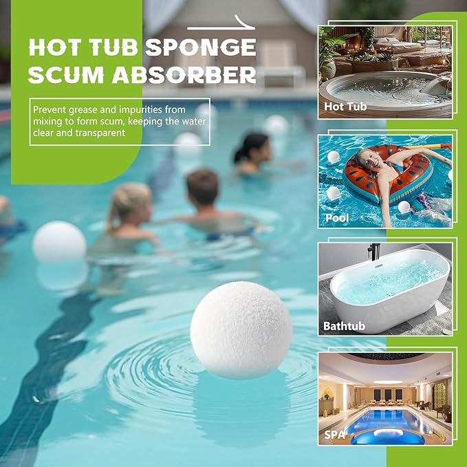 6 Pack Scum Absorber Balls for Spas Hot Tub, 3 Inch Hot Tub Scum Absorber Ball, Reusable Pool Sponge Oil Scum Absorber, Hot Tub Spa Accessories, Keep Water Clean and Clear, Prolongs Filter Life