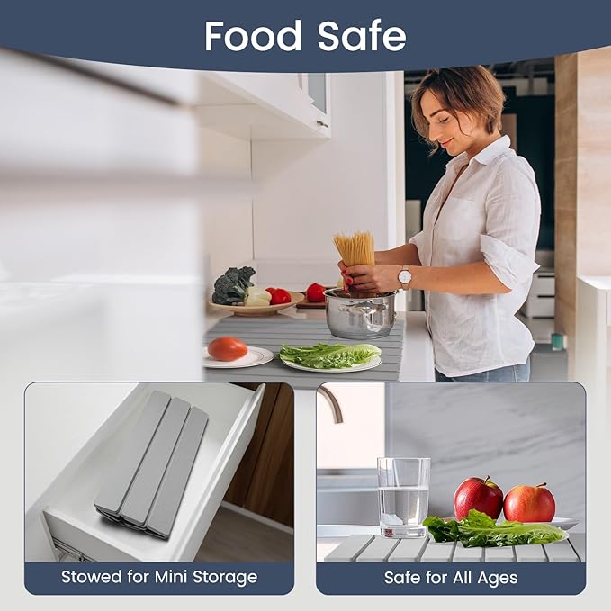 Meowoo Stone Drying Mat for Kitchen Counter, 15.7"x11.8" Foldable Diatomaceous Earth Mat, Super Absorbent, Quick-Dry Bath & Kitchen Pad for Dishes, Cups, Non-Slip, Fit Any Countertop - Light Gray