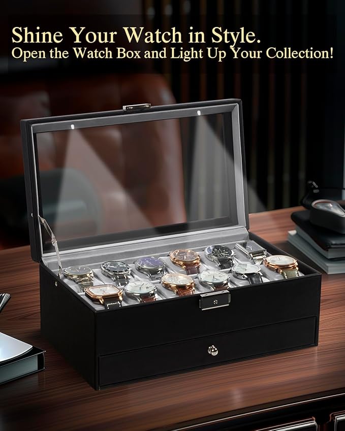 GUKA Watch Box 12 Slot Watch Display Organizer Leather Jewelry Case Drawer Glass Birthday for Men Women, Child Husband Dad GK-012BKGREY-LED-24