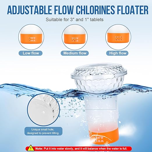 Solar Pool Chlorine Floater with Lights and Pool Water pH Testing Kit, Pool Lights Floater with Hot Tub pH Tester, Adjustable Chlorine Dispenser with Digital Thermometer for Swimming Pool Spas