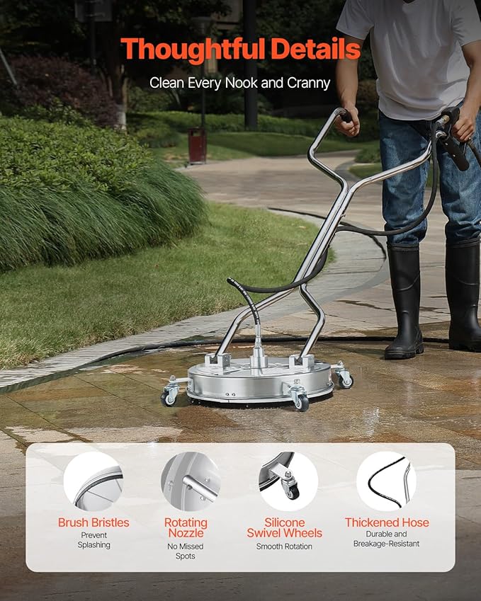 VEVOR 18" Pressure Washer Surface Cleaner, Stainless Steel Pressure Washer Attachments with 4 Wheels, 4000 Max PSI, 3/8 Quick Connector, 2 Spray Nozzles, Dual Handle, for Concrete, Patio, Sidewalk