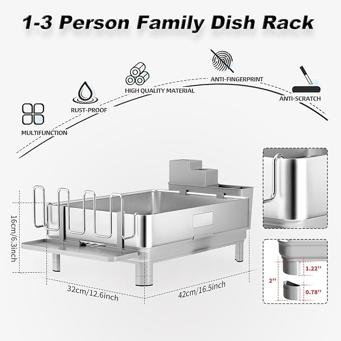 Ewaiira Dish Drying Rack, 304 Stainless Steel Dish Racks for Kitchen Counter, Dish Drainers with Automatic Drainage, Utensil Holder & Cups Holder, Space Saving Kitchen Organizer, Gray