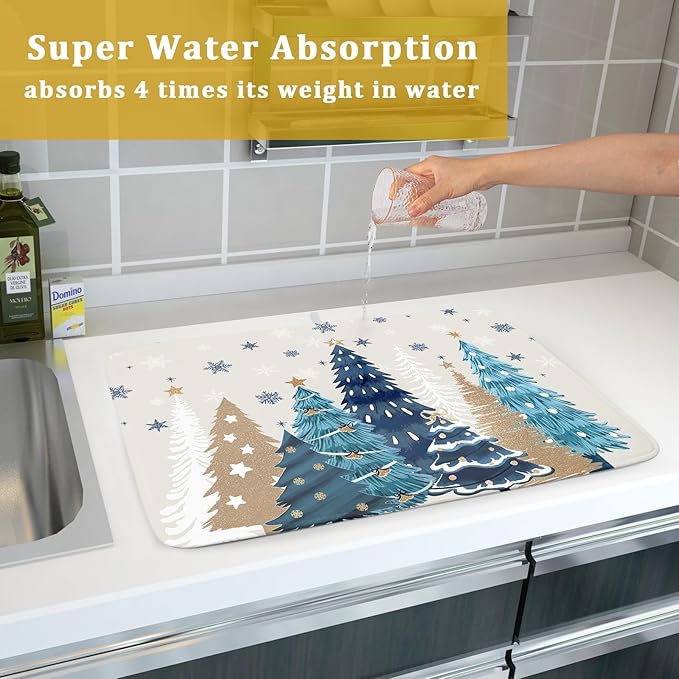 Christmas Tree Dish Drying Mat for Kitchen Counter 24x18 Inch Xmas Snowflake Drying Mat with Absorbent Reversible Microfiber House Blue Trees Dish Drainer Mats Rack Pad for Coffee Countertop Protector