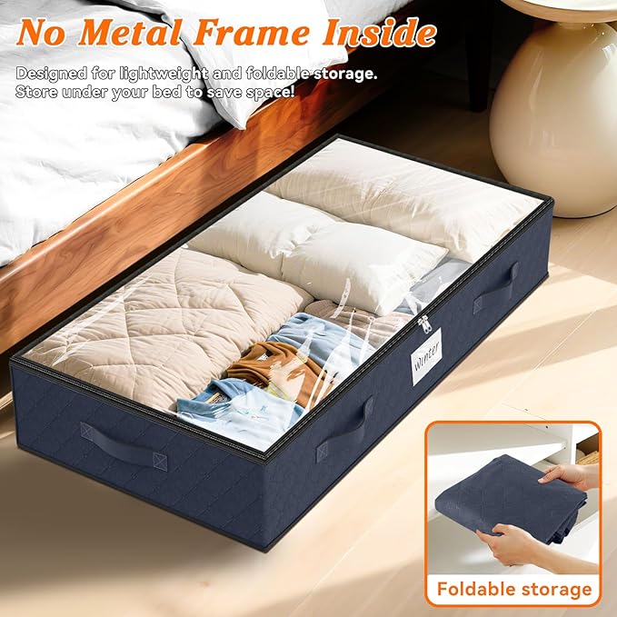 SpaceWhisper 90L Under Bed Storage Containers, 2-Pack Storage Bins with Clear Top, Foldable Closet Organizers and Storage with Label Holder for Clothing, Blankets, Comforter & Pillows(Blue)