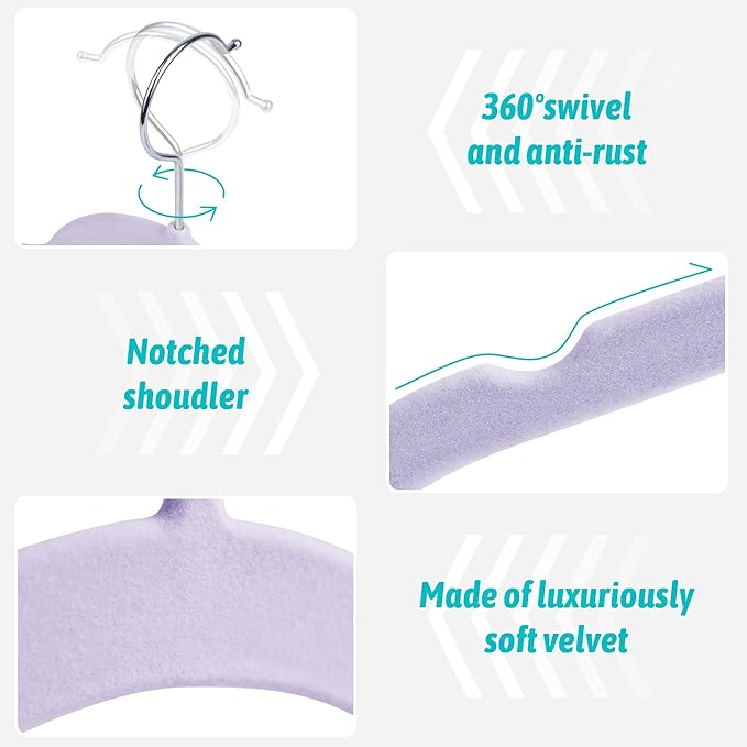 Sishynio Velvet Hangers 50 Pack – Slim Non-Slip Flocked Hangers with 360° Swivel Hook, Space-Saving Closet Organizer for Dresses, Coats, Blouses(Purple)