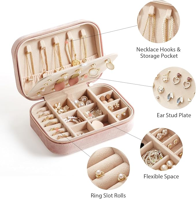 CASEGRACE Plush Velvet Travel Jewelry Box, Portable Jewelry Case for Women Girls, Double Layer Jewelry Organizer Display Box for Necklace Earring Rings Bracelet, Travel Accessory Gifts, Pink
