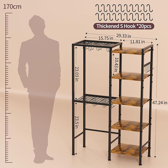 OMISRUIS 5-Tier Pot and Pan Organizer Rack with Hooks, Heavy-Duty Kitchen Storage Shelf for Cookware, Dishes, and Utensils, Freestanding Metal Pot Rack Organizer for Kitchen, Pantry, or Dining Room