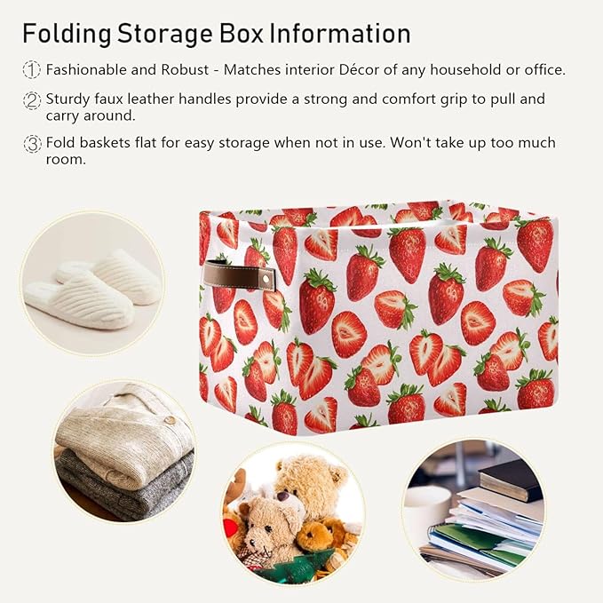 ALAZA Red Strawberry White Foldable Storage Box Storage Basket Organizer Bins with Handles for Shelf Closet Living Room Bedroom Home Office 2 Pack