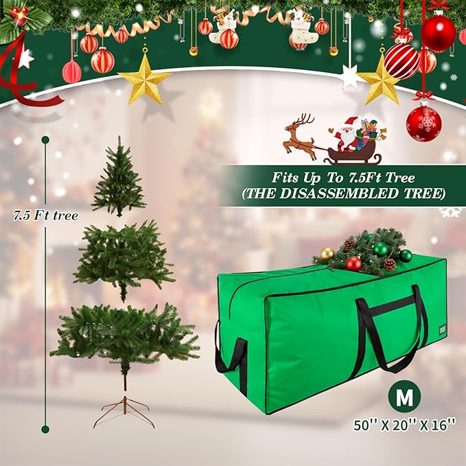 7.5 ft Christmas Tree Storage Bag, Heavy Duty Christmas Tree Bag with Reinforced Handles and Dual Zippers Wide Opening, Large Capacity fits for Artificial Christmas Tree (Green, 7.5ft)
