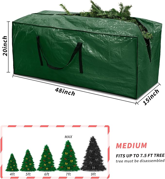 Christmas Tree Storage Bag 7.5 ft, Fits Up to 7 Foot Artificial Trees, Plastic Water Resist Xmas Tree Bag, Reinforced Handles & Zippered & Durable, Holiday Decoration Storage Bags, Green