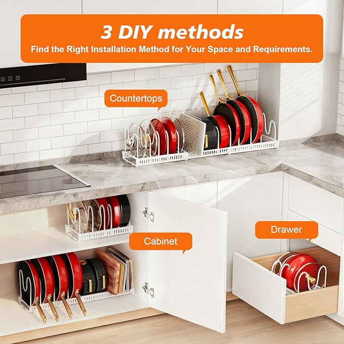 HuuDraLono Expandable Pots and Pans Organizer Rack for Under-Cabinet Storage - Adjustable Kitchen Cabinet Organizer with 13 Dividers, Cutting Board Holder & 6 Non-Slip Silicone Pads-White