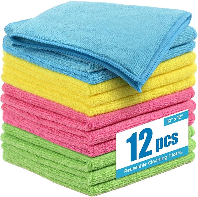 Tekswip Microfiber Cleaning Cloth 12"X12" 12 Pack Colour Lint Free Microfiber Towels for Cars-Extra Thick, Streak-Free, Fast Absorbent - Reusable Multi-Purpose Housekeeping Rags for Cars