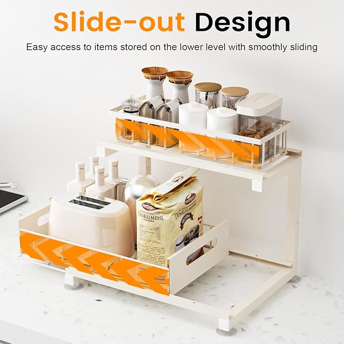 Toyear Under Sink Organizer, Heavy Duty Metal Pull Out Cabinet Organizer Slide Out Sink Shelf Organizer Height Adjustable, Multi-Purpose Storage Shelf for Kitchen Bathroom(Sand,2Pack)