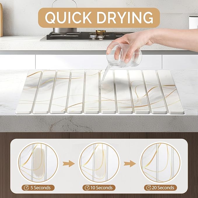Large Stone Dish Drying Mat for Kitchen Counter, 2PCS 24"×16" & 8“x4" Quick Dry Stone Dishes Mats, Marbled Water Absorbing Diatomaceous Earth Drying Pad for Countertop Bottles Utensils Cups,White Gold