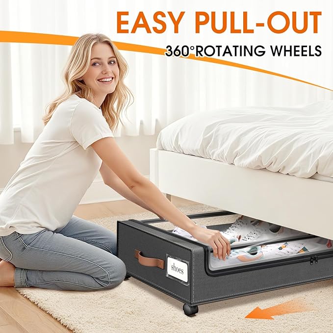 Under Bed Storage with Wheels 2Pack Storage Containers with Clear Window&Label Under Bed Drawers Rolling Under Bed Storage for Clothes,Shoes, Blankets (30.71 x 16.93 x 6.69 in, Dark Grey)