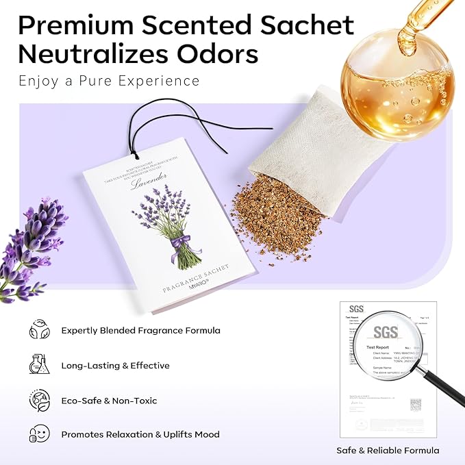 MYARO 12 Packs Scented Sachets for Drawer and Closet, Long-Lasting Sachets Bags Home Fragrance 6 Scents Option- Lavender, Rose, Jasmine, Ocean, Gardenia, Lily