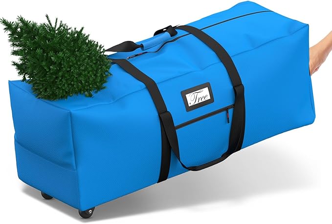 Mrrihand Christmas Tree Storage Bag, Large Artificial Anti-Tear Heavy-Duty 600D Oxford Cloth Xmax Christmas Tree Storage Box with Rolling Wheels, Christmas Tree Storage Container (Bright Blue, 9Ft)