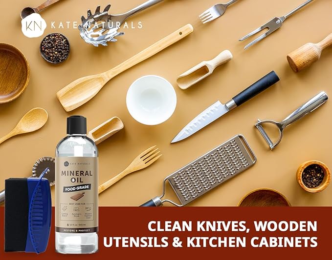Kate Naturals Mineral Oil for Cutting Board 12oz with Wax Applicator. Food Grade & Food Safe Mineral Oil to Protect Wood on Cutting Boards, Butcher Block & Bamboo Boards