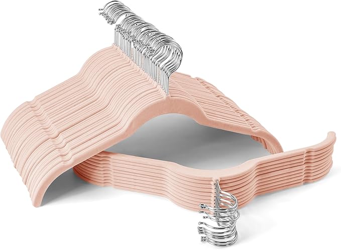 Sishynio Premium Velvet Shirt Hangers 50 Pack, Non-Slip 360° Swivel Hook Space-Saving Felt Hanger, Slim Flocked Hangers for Blouses, Strappy Dresses, Tank Tops(Pink)