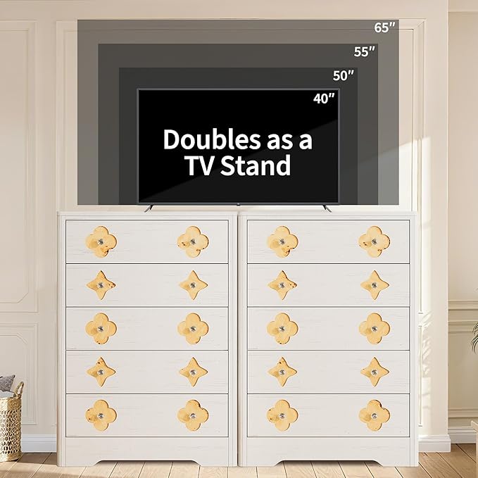 Garvee Dresser for Bedroom with 5 Drawers, 45'' Tall Chest of Large Decorative Drawer Front with Large Clothes Storage Cabinet, Wood Bedroom Dresser, TV Stand for Nursery, Living Room, Enterway