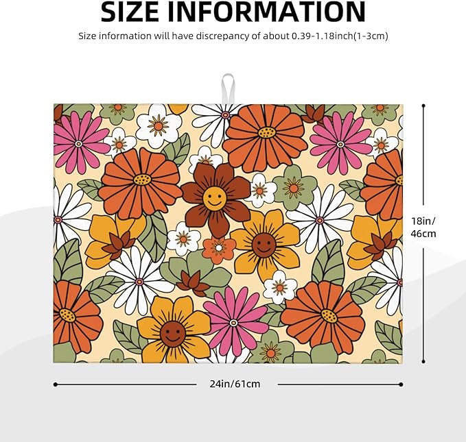 Boho Flowers Dish Drying Mat for Kitchen Counter,Retro 70s Groovy Daisy Dish Mat Microfiber Drying Pad Dish Drainer Mats for Countertop Coffee Bar 18x24 Inch