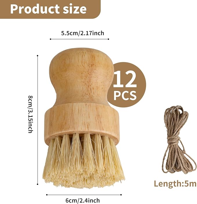 KEJJNYER 12 Pcs Bamboo Dish Brush, Wooden Bamboo Dish Scrub Brushes, Round Wooden Dishwashing Brush Sisal Bristles for Pan Pot Sink Kitchen Cleaning