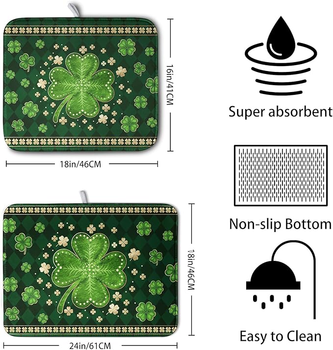 Kwlegh St Patricks Day Drying Mat for Kitchen Counter Shamrock Dish Drying Mats Lucky Clovers Green Plaid Dish Dryer Pad Absorbent Reversible Dish Drainer Rack Mat Kitchen Accessories 16x18 Inch
