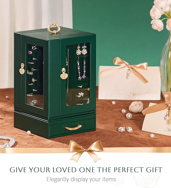 Jewelry Box large for Dresser: Women Necklace Ring Storage Organizer with Compartments - Elegant Earring Holder Display (Dark Green)