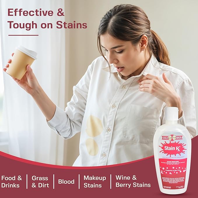 Stain Rx Stain Remover, Effectively Eliminates Stains from Wine, Berries & Blood on Fabrics, Carpets, Upholstery & Jewelry, Dye-Free, Free from Bleach, Peroxides & Phosphates, Made in USA, 10 oz
