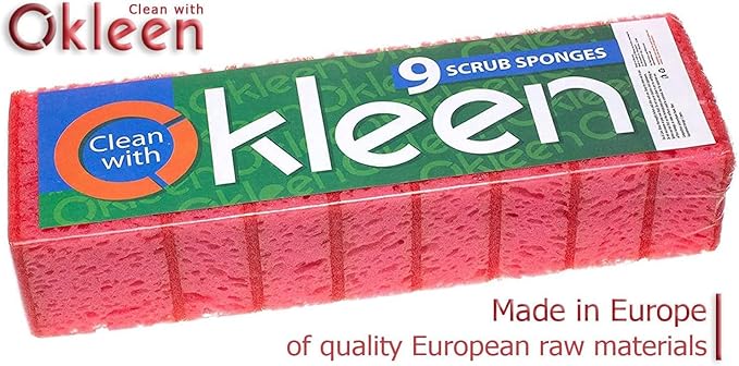 Okleen Pink Multi Use Scrub Sponges. Made in Europe. 18 Pack, 4.3x2.8x1.4 inches. Odorless Heavy Duty & Non Scratch Fiber. Durable and Delicate Scrubber for Kitchen & Bathroom, Housekeeping & Outdoors