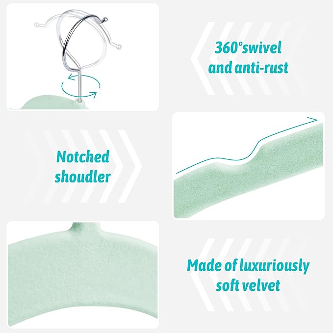 SIshynio 30 Pack Velvet Hangers – Non-Slip Slim Clothes Hangers with 360° Swivel Hook, Space-Saving Flocked Shirt Hangers for Coats, Dresses, Blouses, Suits(Green)