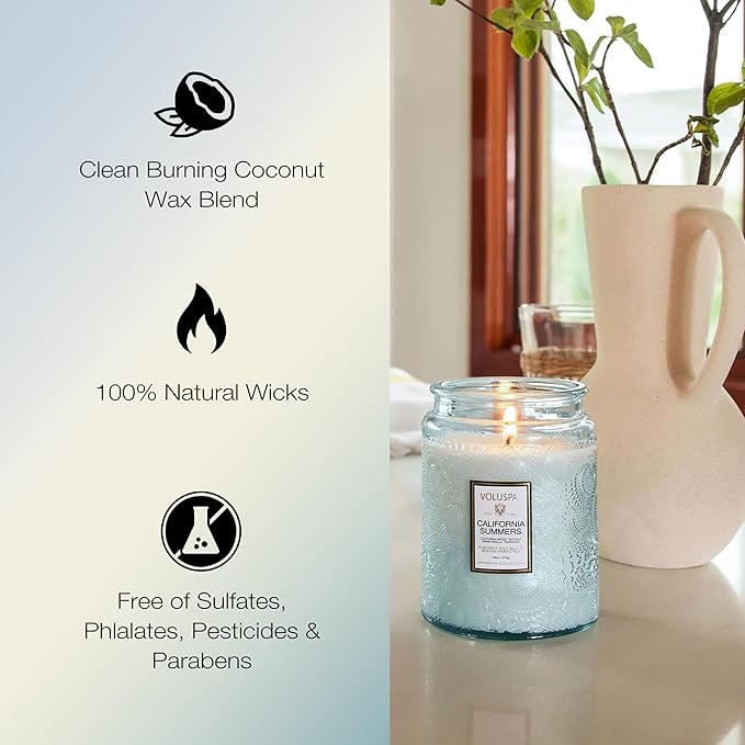 Voluspa California SummerS Candle Jar, 18 oz, Coconut Wax Blend, Large Scented Candles for Home, 100 Hour Burn Time, Poured in the USA