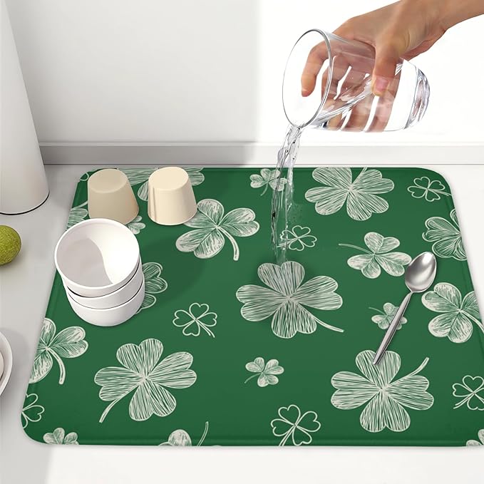 ABSOP St Patrick's Day Dish Drying Mat 16 x 18 Inch Green Shamrock Dish Drainer Rack Mat Absorbent Microfiber Mats for Spring Lucky Clovers Dish Pad for Kitchen Coffee Bar Decor